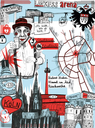 Zeichnung von Michael Szyszka, die verschiedene Bild-und Textelemente beinhaltet.