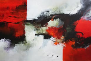 Malen lernen Kreativurlaub, Werk: Andrea Rathert-Schützdeller Ein Werk von Andrea Rathert-Schützdeller, das mit Hilfe des Collatypie-Verfahrens angefertigt wurde und zum Großteil mit den Farben weiß, rot und schwarz abgedeckt ist.