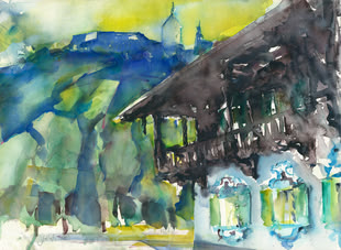 Ein Aquarellbild von Jutta Höfs, das eine Szene in einer bergigen Landschaft widerspiegelt.