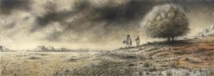 Landschaft zeichnen lernen - Werk: Andreas Noßmann Eine Zeichnung von Andreas Noßmann. Sie stellt eine Landschaft da, in der zwei Reiter unterwegs sind.