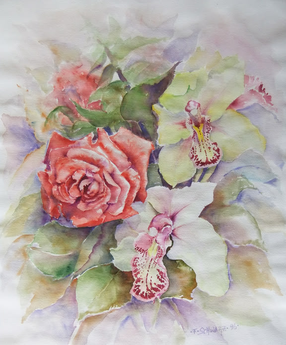 Blumen malen lernen, Aquarell Malkurs, Werk: Franz Schwarz Aquarellmalerei von Franz Schwarz, in der ein vielfältiger Blumenstrauß abgebildet wird.