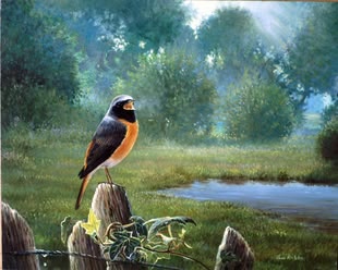 Eine Acrylmalerei von Claus Rabba. Das Werk zeigt einen Vogel, der auf einem Zaun sitzt, hinter ihm befindet scih eine große Wiese mit einem Teich.