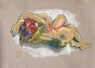 zeichnen lernen - Werk: Brigitte Guhle Zeichnung einer auf dem Boden liegenden Frau. Das werk ist von Brigitte Guhle.