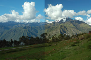 Anhand einer Fotografie von einer Berglandschaft wird der Unterschied einer Fotografie mit und ohne Profilfilter gezeigt.