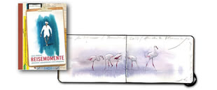 Impressionen des Skizzenbuches von Jens Hübner. Das Cover zeigt eine in Aquarell dargestellte Person auf einem blauen Hintergrund. Darunter befindet sich der Titel des Buches “Reisemomente- skizzieren, aquarellieren und collagieren” und der Name des Autors. Die daneben abgebildete aufgeschlagene Seite veranschaulicht ein Aquarellbild, auf dem mehrere Störche illustriert wurden.