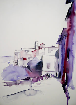 Häuser in Aquarell malen lernen - Werk: Gabriele Templin-Kirz Eine Aquarellmalerei von Gabriele Templin-Kirz, die eine Straße malerisch abbildet.