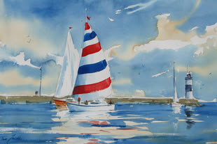 Landschaft malen lernen, Aquarell Malkurs, Werk: Kristina Jurick Aquarellmalerei, gemalt von Kristina Jurick, die ein Segelboot auf dem Wasser darstellt.