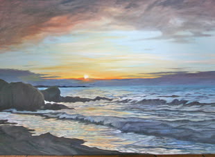 Acrylwerk von Anke Gruss, dass einen Sonnenuntergang am Meer darstellt.