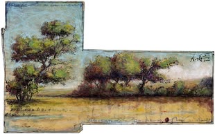 Baum zeichnen lernen - Werk: Andreas Noßmann Zeichnung von Andreas Noßmann, die eine Landschaft mit Bäumen zeigt.