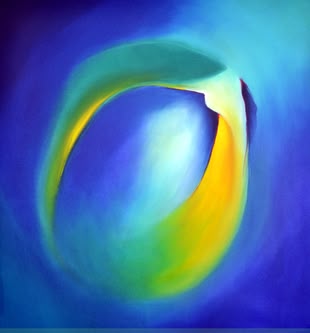 Die Acrylmalerei von Hinrich Schüler zeigt eine Mischung aus geschwungenen Formen und lebendigen Farben wie Blau, Grün und Gelb.