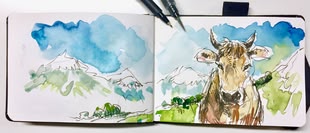 zeichnen lernen Werk: Sebastian Gothe Doppelseite eines Skizzebuches, die eine Berglandschaft darstellt in dessen Vordergrund sich eine Kuh befindet. Das Aquarellbild wurde von Sebastian Gothe angefertigt.