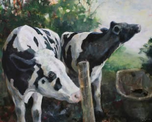 Eine Acrylmalerei von Bettina Bülow-Böll, die zwei Kühe  auf einer Weide darstellt.