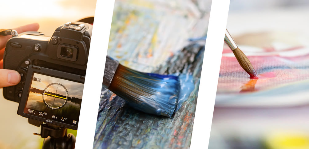 Eine Collage mit Bildern einer Kamera und Pinseln