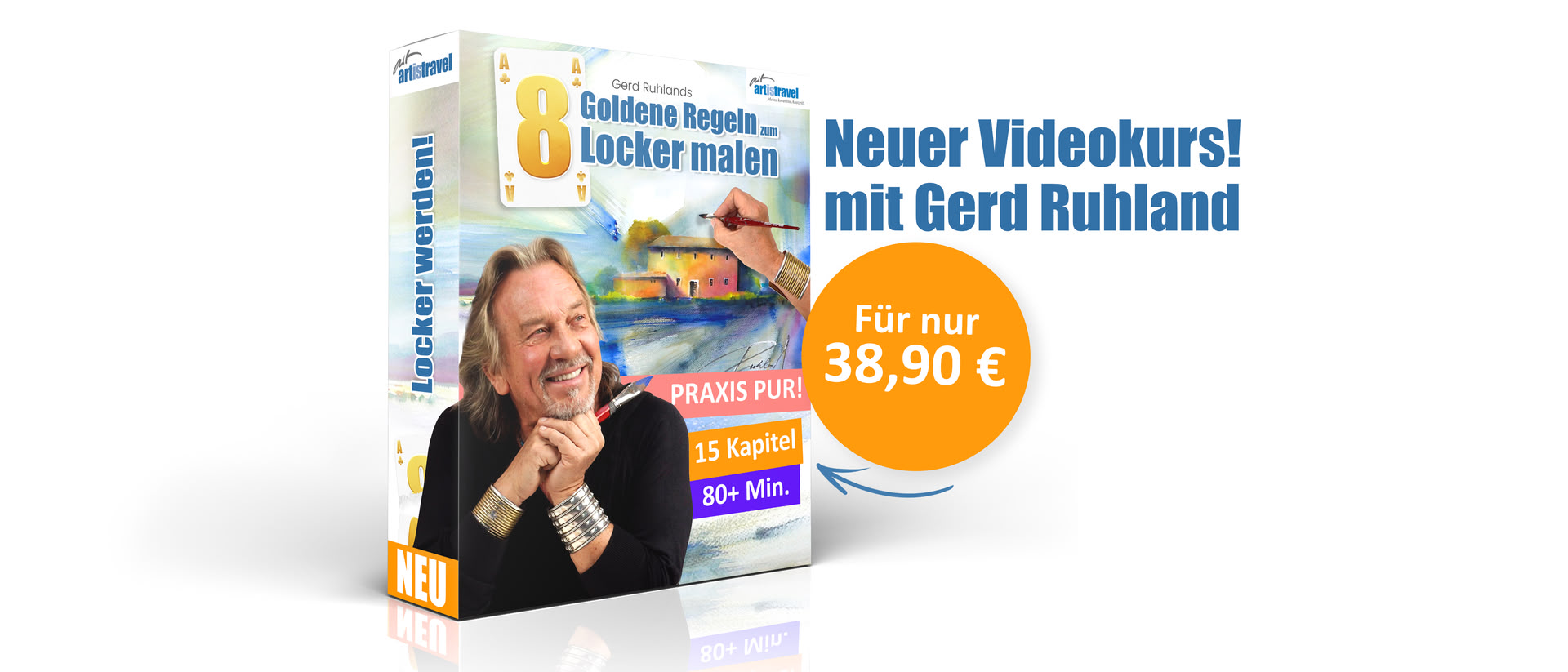 Eine Box auf dem das Cover des Lernvideos zu sehen ist. Daneben eine blaue Schrift auf der "Neuer Videokurs! mit Gerd Ruhland" steht. Darunter ein orangener Störer auf dem "Für nur 34,90 €" steht.