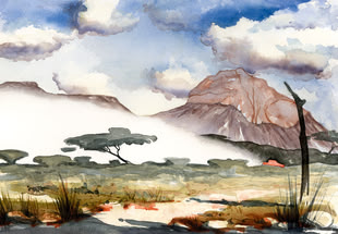 Eine Plein Air Malerei von Jens Hübner, in der eine Landschaft abgebildet wird.