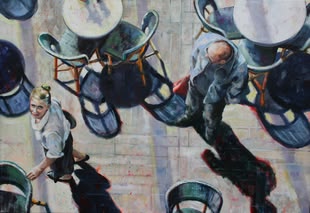 Werk von Bettina Bülow-Böll, das eine Straßenszene aus der Vogelperspektive veranschaulicht.