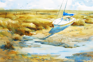 Landschaft malen lernen, Aquarell Malkurs, Werk: Kristina Jurick Aquarellmalerei von Kristina Jurick, in der ein kleines Segelboot am trockenen Ufer an einer Küste widergespiegelt wird.