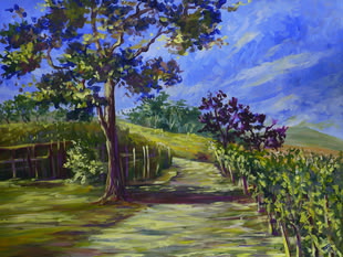 Ein Acrybild von Elena Romazin, das einen Weg auf dem Land widerspiegelt und in dessen Umgebung sich viele Bäume und andere Pflanzen wiederfinden lassen. 