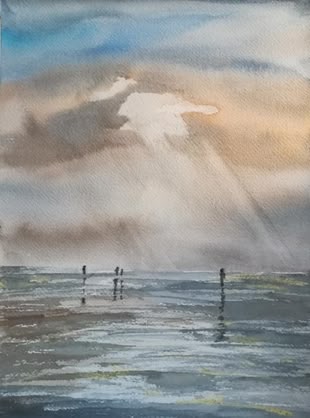 Werk: Ingrid Ortmann Aquarellbild, das das Meer zeigt.