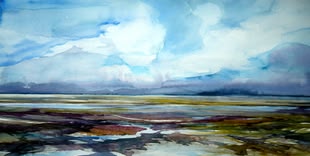 Wolken malen lernen, Aquarell Landschaft Malkurs, Werk: Gabriele Templin-Kirz Ein Aquarellbild von Gabriele Templin-Kirz, das zum Großteil einen blauen Himmel und die darunter gegebene Landschaft darstellt.