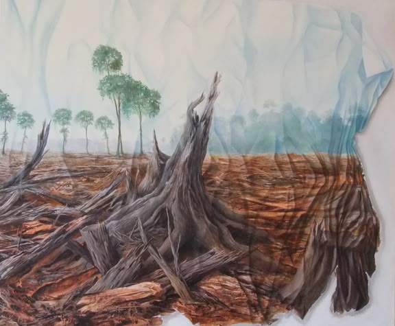 Zeichnen lernen, Kreativurlaub - Werk: Franz Schwarz Ein von Franz Schwarz mit Kohlestiften gemaltes Bild, das gefällte Baumstämme in einem Waldgebiet darstellt.