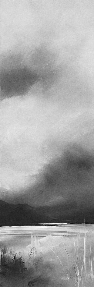 Plein Air Malerei, die eine Berglandschaft in schwarz weiß darstellt. Das Werk wurde von Mario Müller gemalt.