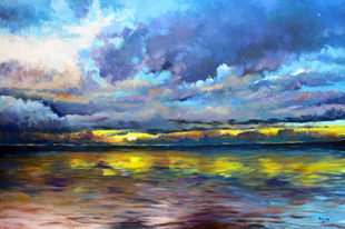 Ein Werk von Geert Bordich, in dem das Meer mit einem bewölkten Himmel dargestellt wird.