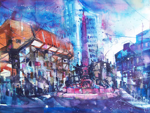 Aquarell malen lernen Malkurs, Werk: Andreas Mattern Eine Aquarellmalerei, die eine Szenerie in einer belebten Straße widerspiegelt, dargestellt von Andreas Mattern.