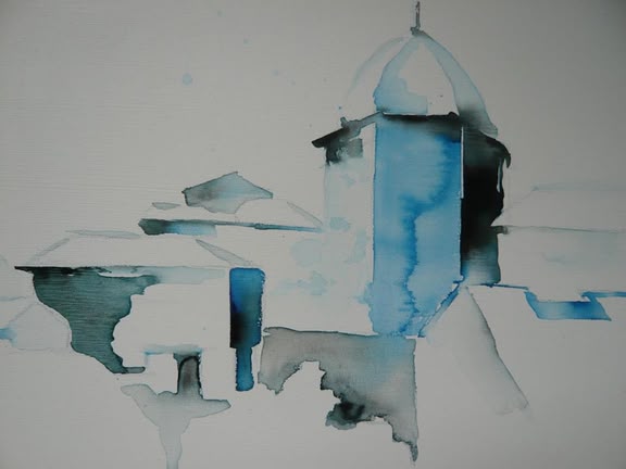 Städte malen lernen Werk: Gabriele Templin-Kirz Eine in blau gehaltene minimalistische Aquarellmalerei eines Gebäudes. Gemalt wurde das Werk von Gabriele Templin-Kirz.
