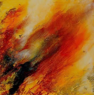 Ein abstraktes Acrylbild von Angelika Biber, das hauptsächlich in grün,blau und gelb gehalten ist.