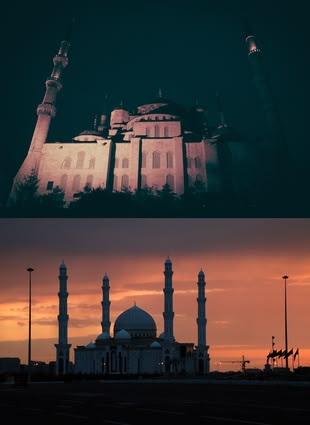 Oben ein Beispiel für kippende Linien in der Architektur, unten eine Aufnahme mit geraden Linien. Foto oben: Francesco Ungaro/Unsplash, Foto unten: Yang Jing/Unsplash. Zwei untereinander abgebildete Fotografien, die beide ein Gebäude darstellen.