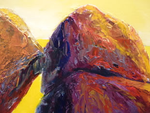 Acrylmalerei von Gerhard Ruhland, die zwei Felsen vor einem gelben Hintergrund darstellt. 