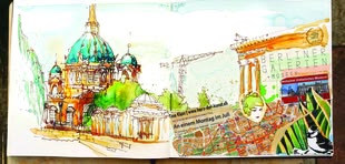 Foto einer Seite im Skizzenbuch von Tine Klein. Im Hintergrund befindet sich eine Skizze von einem Gebäude in Berlin. Auf der rechten Seite befinden sich aufgeklebte Ausschnitte aus einem Stadtplan und andere grafische Elemente.