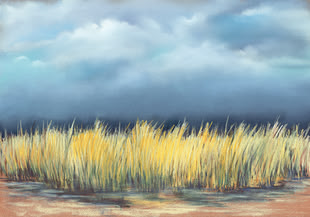 Malen und Zeichnen Lernen Ölpastell Aquarell Werk: Karin Kuthe Pastellmalerei von Karin Kuthe, in der eine Landschaft in Form von einem Feld unter einem bedeckten Himmel dargestellt wird.