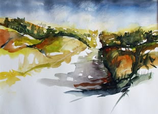 Landschaft malen lernen, Aquarell Malkurs, Werk: Anke Gruss Eine Aquarellmalerei von Anke Gruss, in der eine Landschaft abgebildet wird.