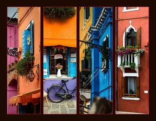 Diese Collage folgt einem Raster und ist recht statisch, ihre Lebendigkeit entsteht durch die auffälligen Farben im Kontrast zum schwarzen Hintergrund. Foto: Jörg Peter/Pixabay License. Eine Collage, bestehend aus vier Bildern. Alle Bilder bilden ein Fenster eines bunten Hauses ab.