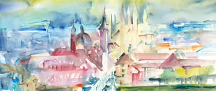 Ein Aquarellbild von Jutta Höfs, das einen Blick auf die Stadt Würzburg veranschaulicht.