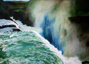 Ein von Anke Gruss gemaltes Acrylbild, das einen Wasserfall an einer Klippe darstellt.