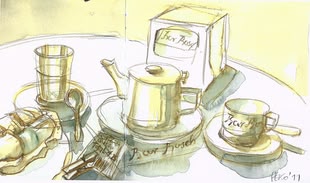 Aquarelliertes Stilleben von Peter Koch, das verschiedene Elemente eines Kaffeetisches widerspiegelt.