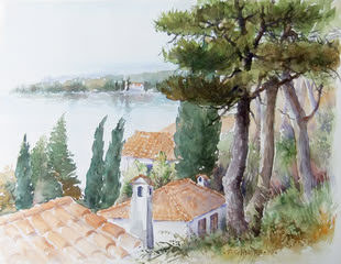 Ein Aquarellbild einer Landschaft am Wasser. Das Bild wurde von Franz Schwarz aquarelliert.