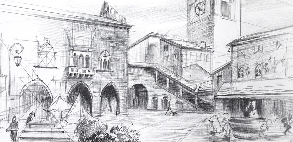 Zeichnung eines Marktplatzes von Alexander Leybovich