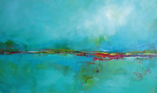 Abstraktes Werk von Angelika Biber-Najork, das eine Landschaft auf einem türkisen Hintergrund darstellt.