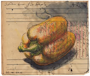 Werk von Andreas Noßmann, das eine Paprika und darüber gehende Schriftzüge abbildet.