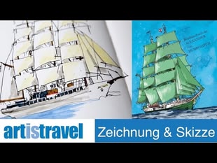 Zeichnungen  von Schiffen mit Hilfe verschiedener Techniken.