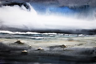Eine Acrylmalerei von Anke Gruss, die den Ausblick aufs Meer zum Großteil in dunklen Farbtönen wiedergibt.  
