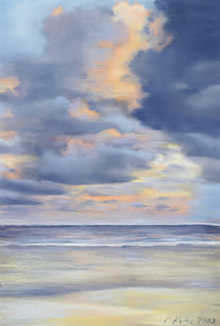 Malen und Zeichnen Lernen Blau Himmel Meer Werk: Karin Kuthe Eine Pastellmalerei von Karin Kuthe, in der eine Landschaft am Meer abgebildet wird.