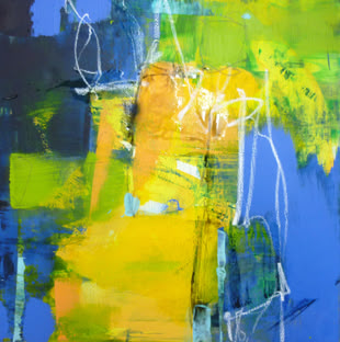 Eine abstrakte Acrylmalerei, die in Blau- Grün und Gelbtönen gehalten und von Angelika Biber gemalt wurde.