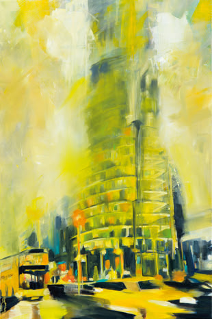 Skyline malen lernen Werk: Anke Gruss Cityscapes Ein mit Ölfarben erstelltes Werk von Anke Gruss, das eine Straße darstellt.