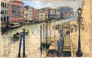 Zeichnung von Andreas Noßmann, die einen Blick auf eine Straße am Wasser widerspiegelt.