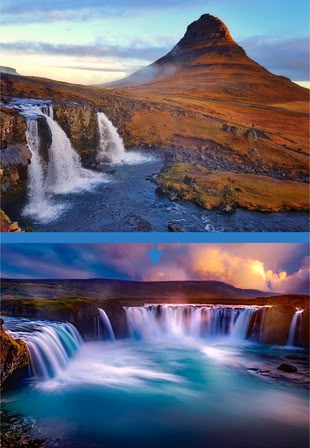 Wie fotografiere ich fließendes Wasser? Filter können helfen! Foto oben: JimboChan/Unsplash, Foto unten: David Mark/Unsplash. Zwei Fotografien zeigen einen Wasserfall in einer Berglandschaft.